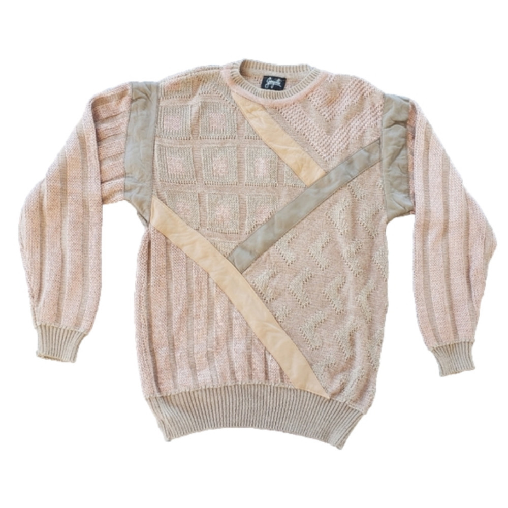 Womens Gingette M pleather leather geometric 80s 1980s retro sweater tan